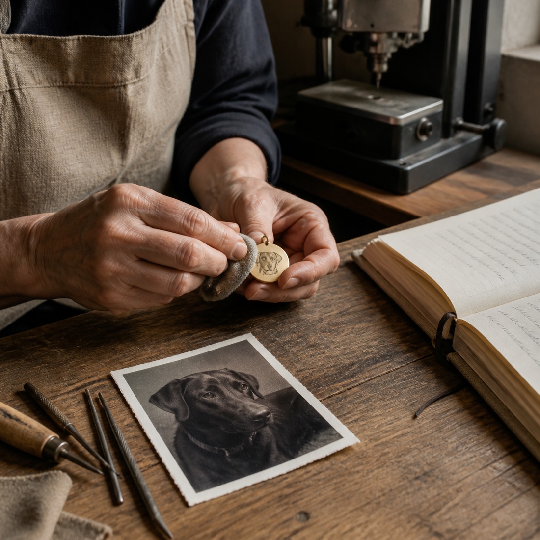 Craftsperson polishing a brass pet memorial pendant beside a dog photo in the studio