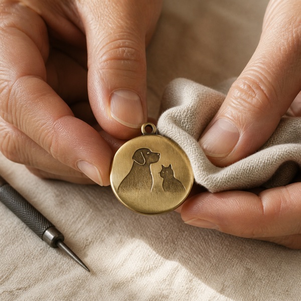 Hands polishing a brass pet memorial pendant